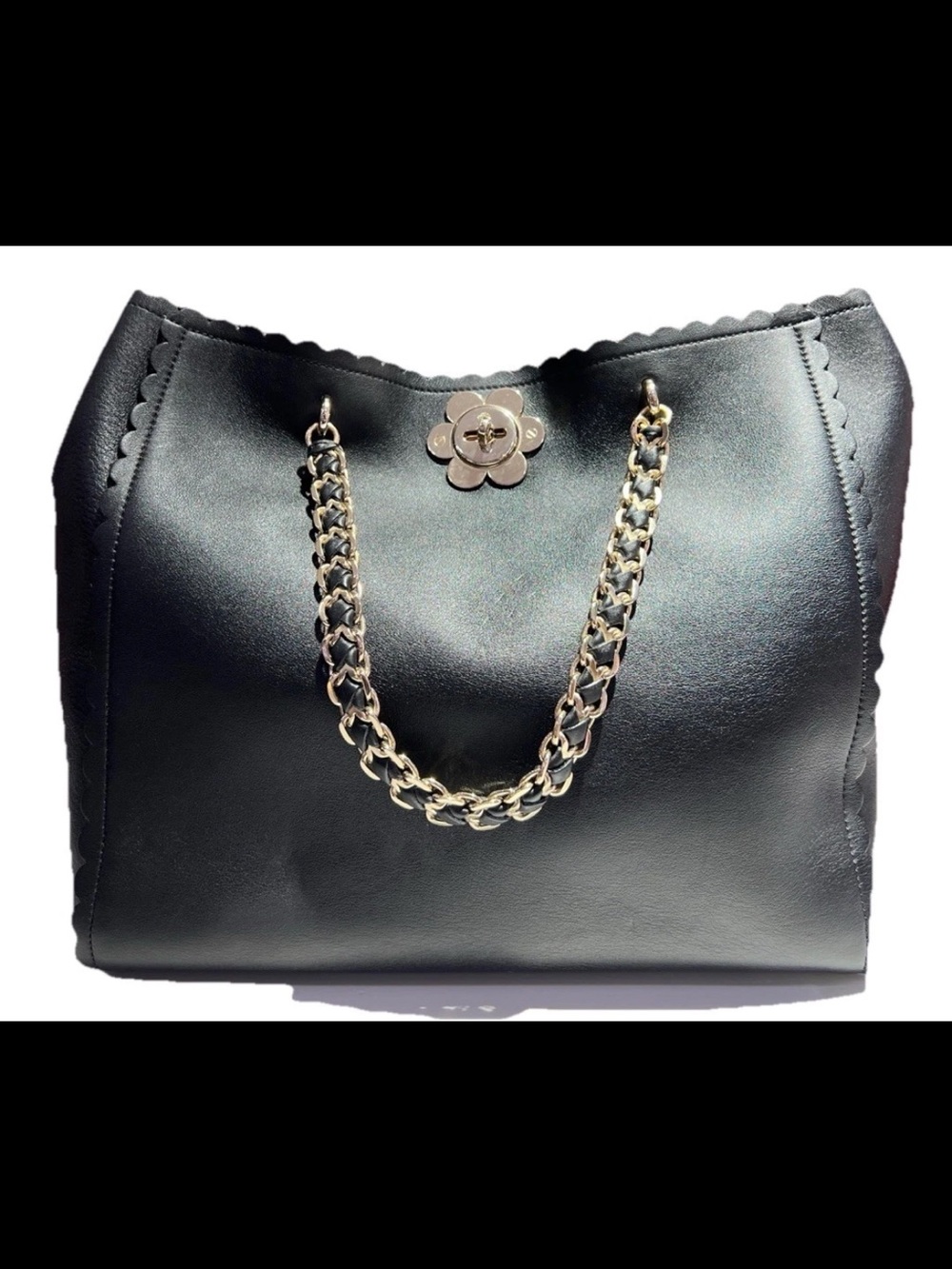 Mulberry Black Leather Tote with Gold Chain Handles